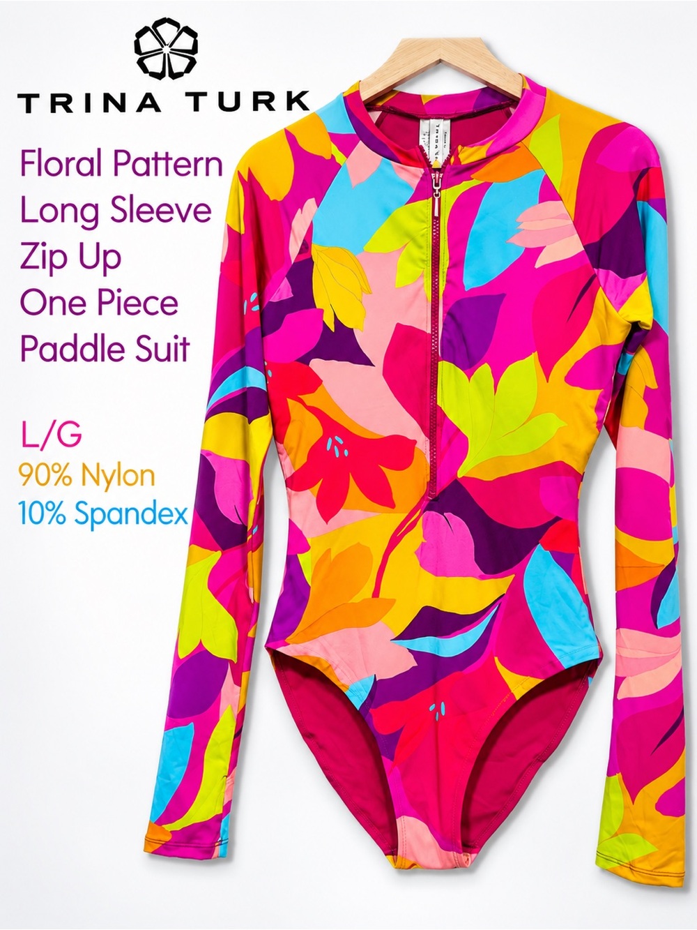 Trina Turk Colorful Floral Pattern Long Sleeve Zip Up One Piece Paddle Suit